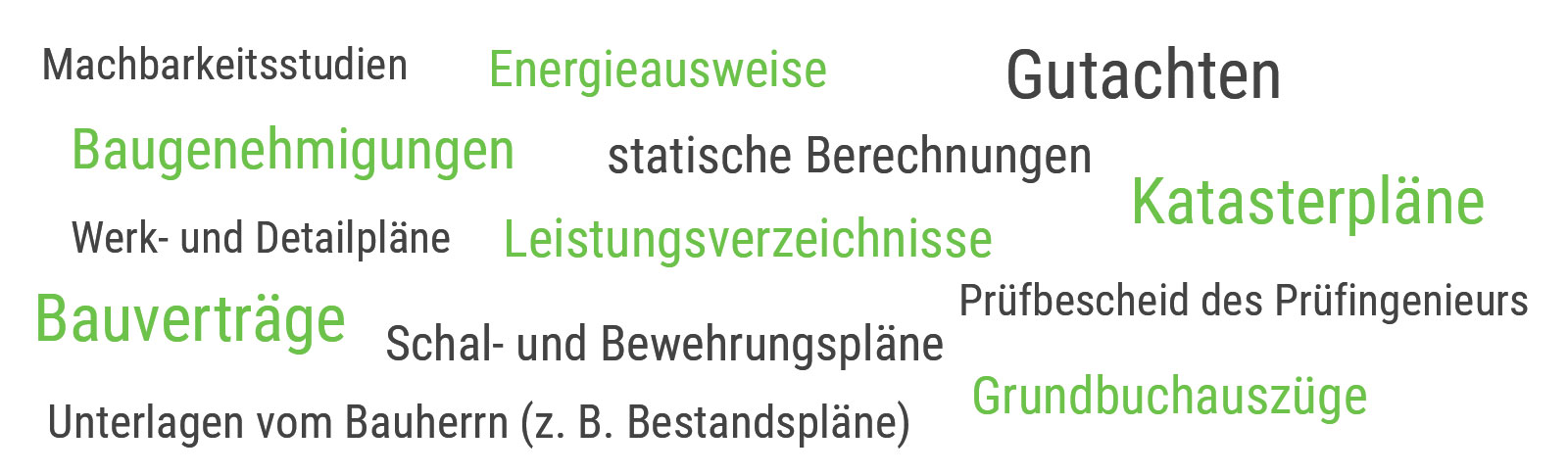 Machbarkeitsstudien, Baugenehmigungen, Werk- und Detailpläne, Schal- und Bewehrungspläne, Leistungsverzeichnisse, Bauverträge, Katasterpläne, statische Berechnungen, Gutachten, Grundbuchauszüge, Prüfbescheid des Prüfingenieurs, Energieausweise, Unterlagen vom Bauherrn (z. B. Bestandspläne).